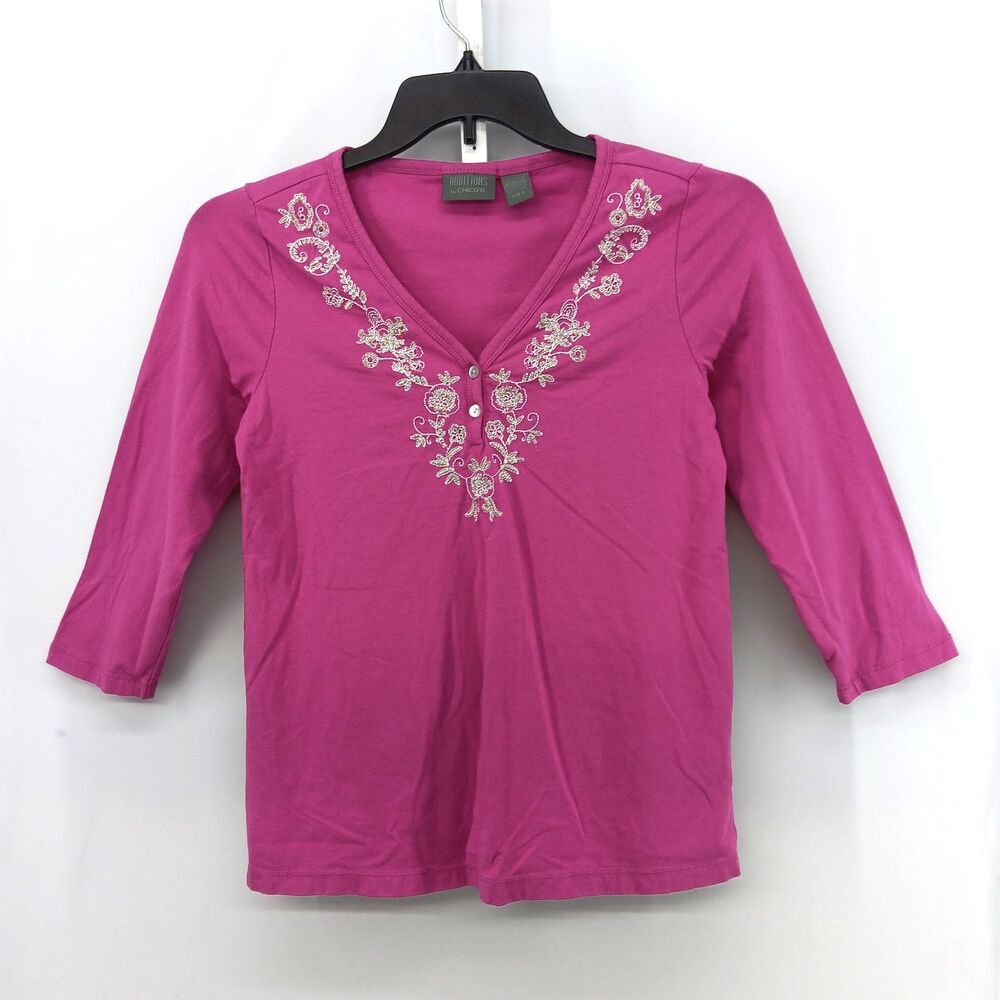 Chicos Shirt Women Size 0 Pink Embroidered V Neck Henley 3/4 Sleeve Casual Top